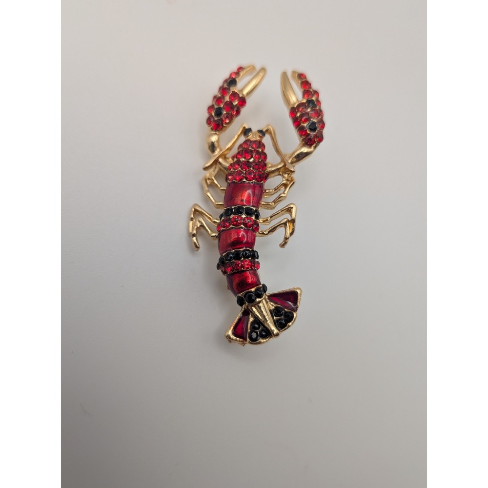 Red Rhinestone Lobster Brooch Gold Tone Enamel Nautical Sea Life Statement Pin